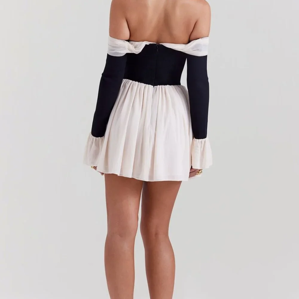 SOLD- House of CB Black and Cream Off-Shoulder Dress - Picture 2 of 6